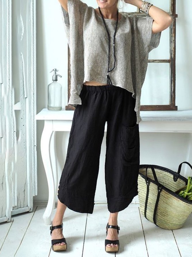 Pockets Buttoned Elastic Waist Stylish Casual Capri Pants