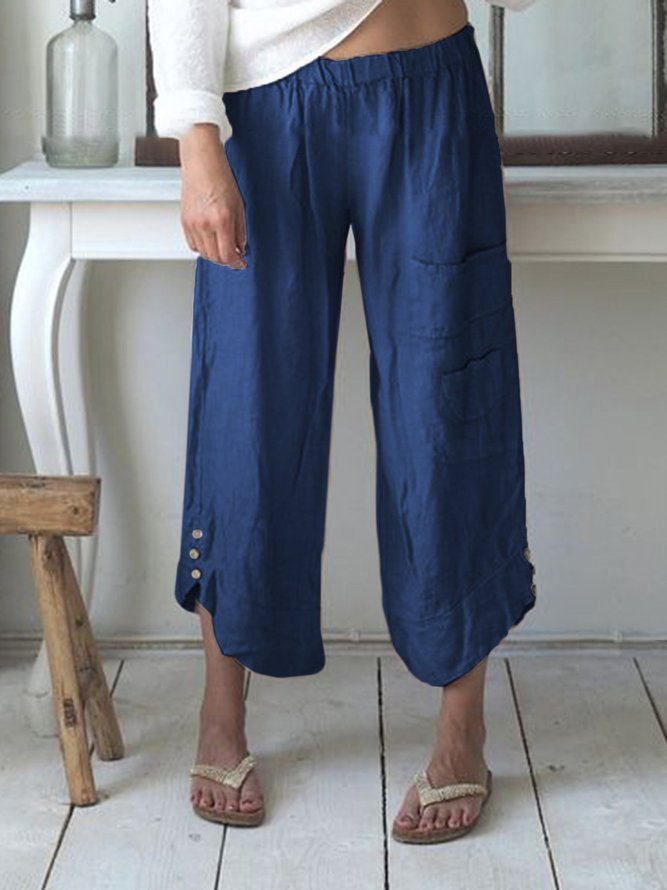 Pockets Buttoned Elastic Waist Stylish Casual Capri Pants