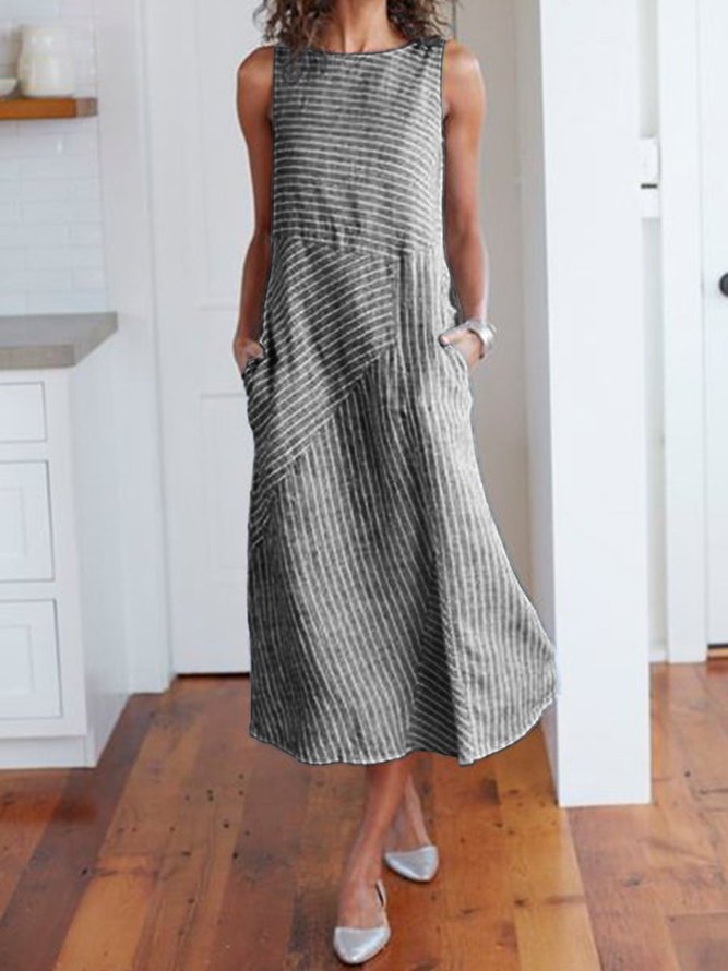 Women Casual Dress Cotton Striped Crew Neck Shift Daily Dresses | Linen ...
