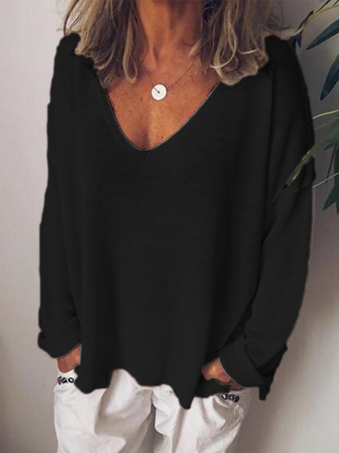 Woman Plus Size Casual V Neck Cotton-Blend Long Sleeve T-shirt