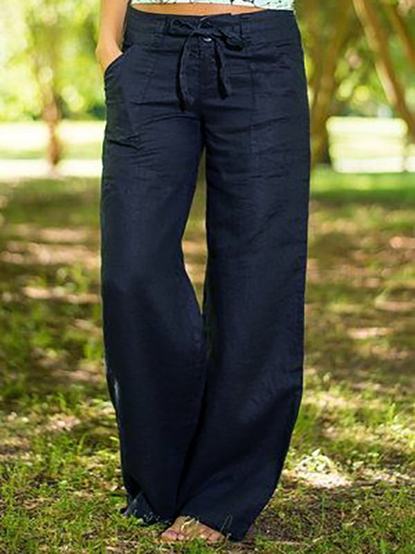 Women Solid Color Cotton Long Casual Pants