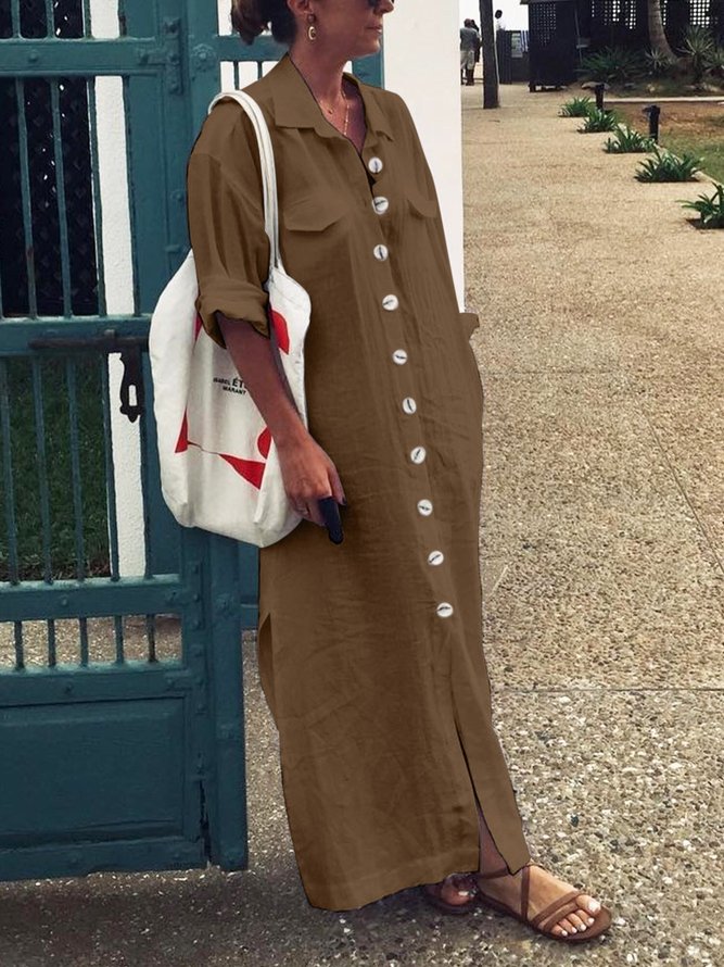 Women Half Sleeve Solid Buckle Loose Casual Shirt Maxi Dress noracora