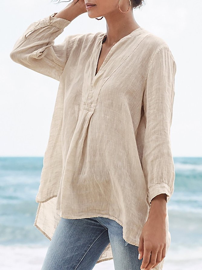 Solid V Neck Casual 3/4 Sleeve Plus Size Shirts noracora