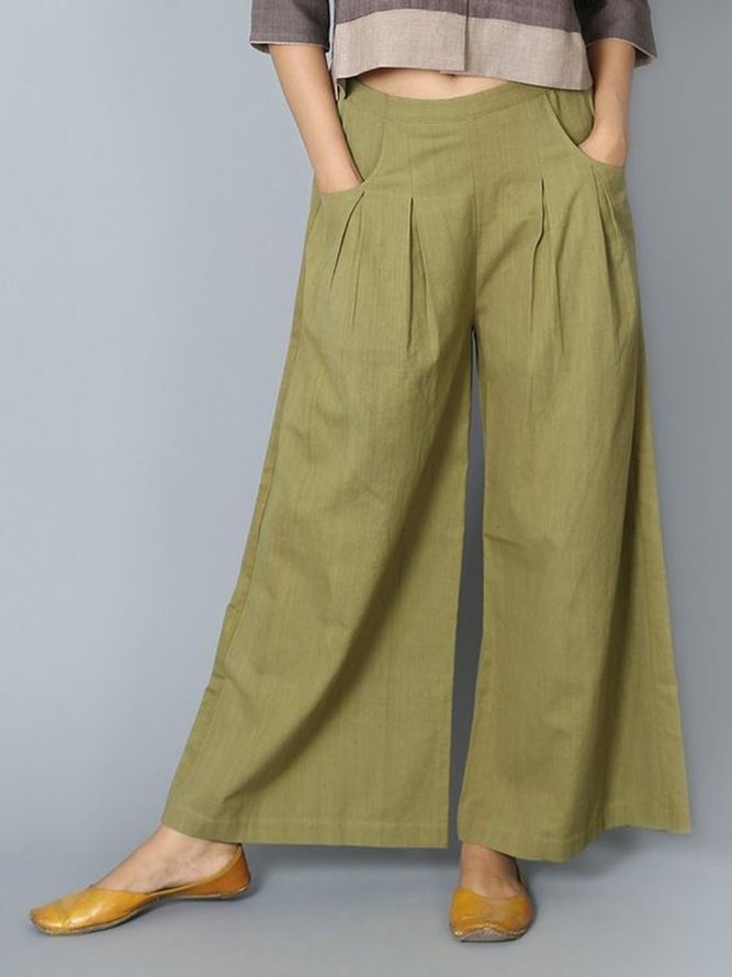 Women Pants Pockets Pleated Details Casual Wide Leg Pants noracora