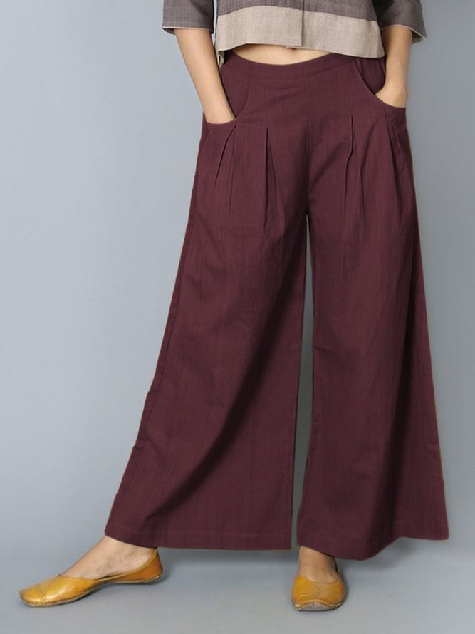 Women Pants Pockets Pleated Details Casual Wide Leg Pants noracora