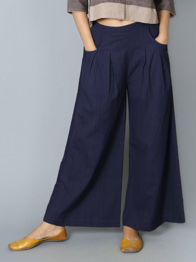 Women Pants Pockets Pleated Details Casual Wide Leg Pants noracora