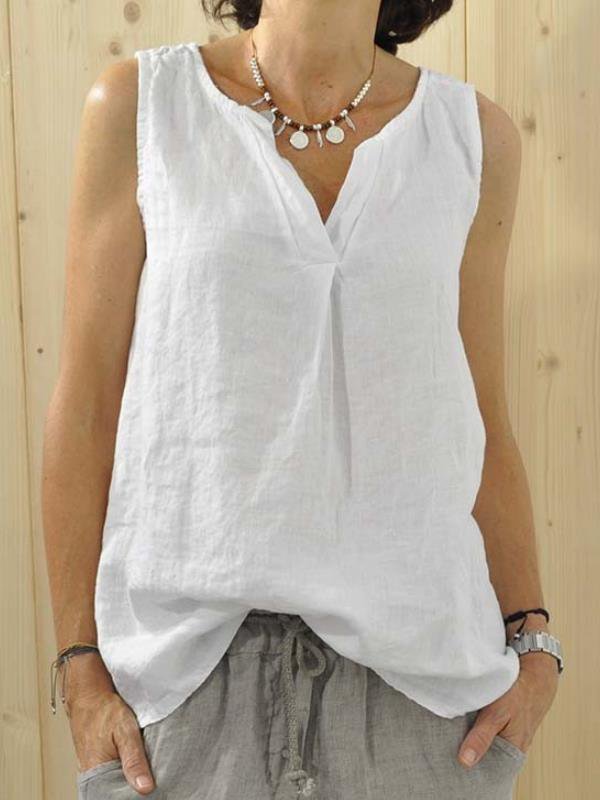 Plus Size Casual Sleeveless V Neck Solid Tops | noracora