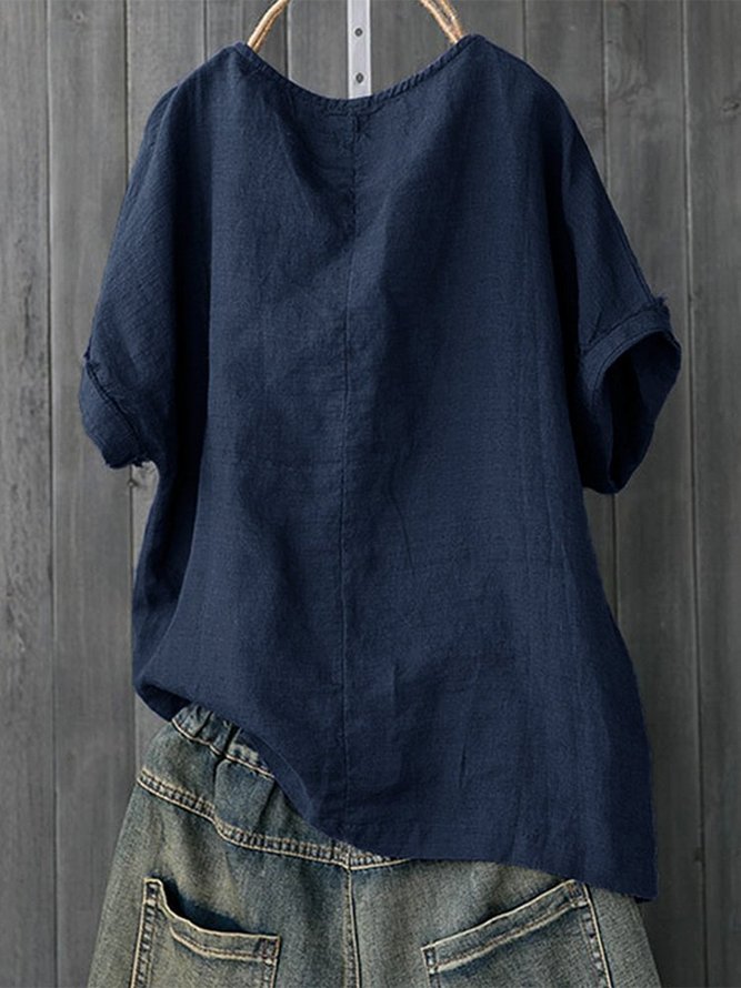 Short Sleeve Cotton-Blend Round Neck Sweet T-shirt | noracora