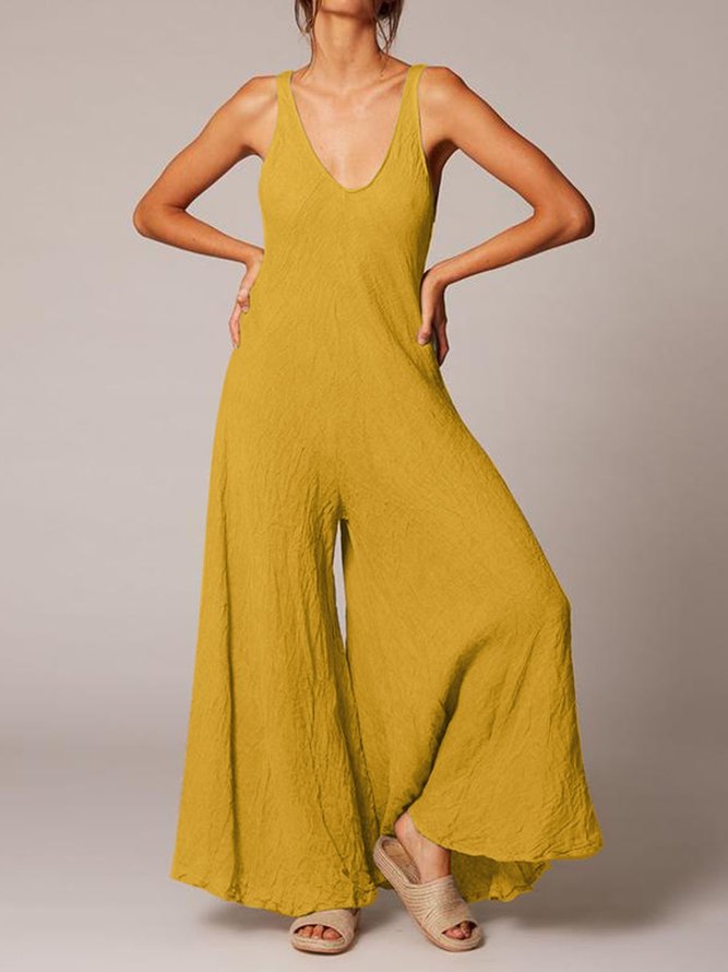 Plus Size Women Solid Sleeveless Uneck Casual Jumpsuits noracora