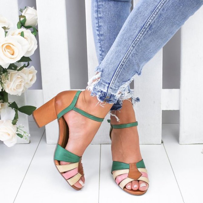 Women Chunky Heel Buckle Strap Pumps Sandals noracora