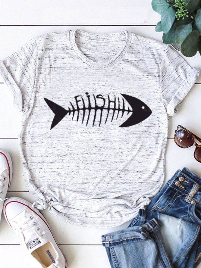 Casual Fish Bone Printing Crew Neck Short Sleeve T-Shirt | noracora