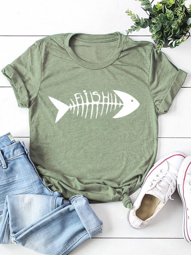 Casual Fish Bone Printing Crew Neck Short Sleeve T-Shirt | noracora