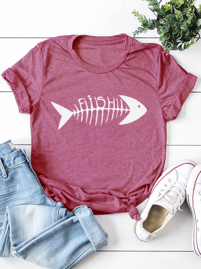 Casual Fish Bone Printing Crew Neck Short Sleeve T-Shirt | noracora
