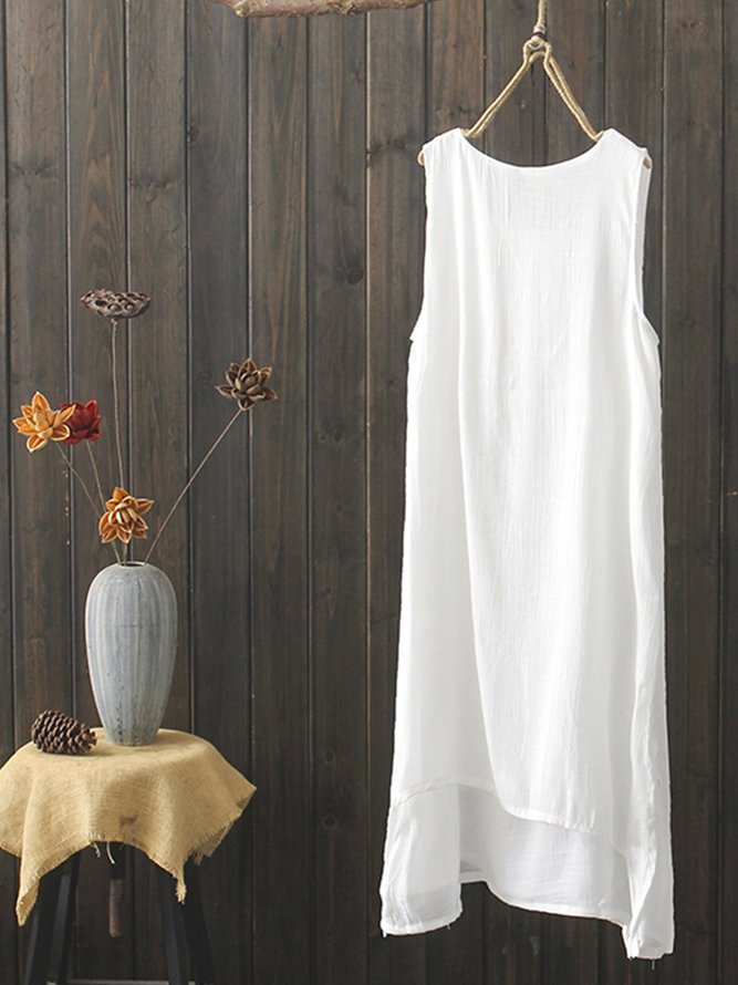Women Cotton Sleeveless Pure White Versatile Casual Vest Dresses | noracora
