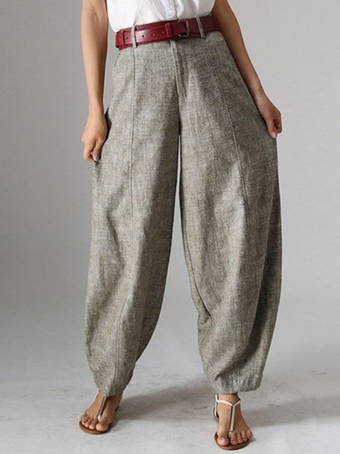 Women Natural Casual Plain Linen Plus Size Pants