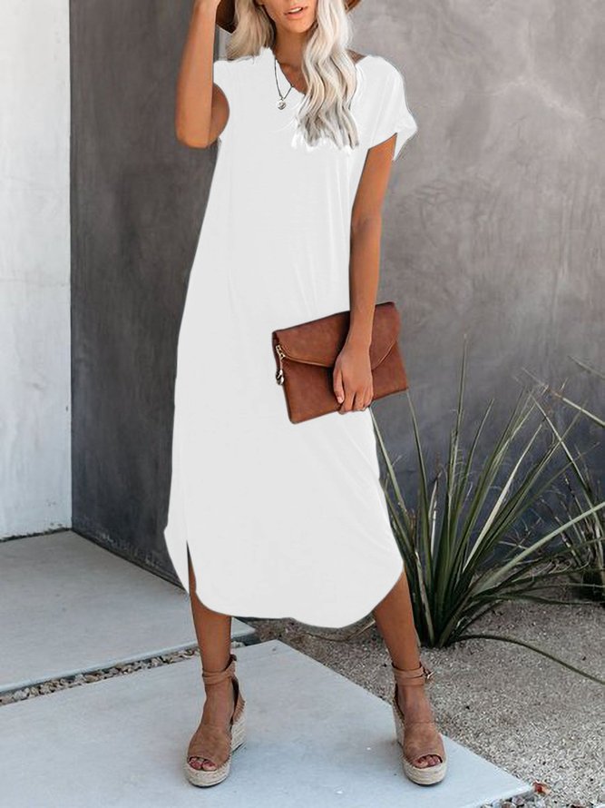V Neck Cotton-Blend Solid Short Sleeve Casual Dress