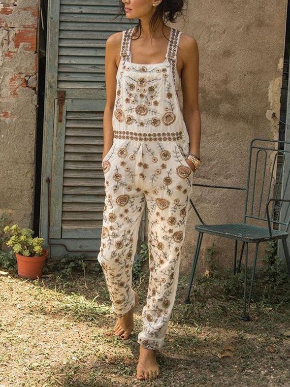 Woman Casual Sleeveless Floral Pants Overalls