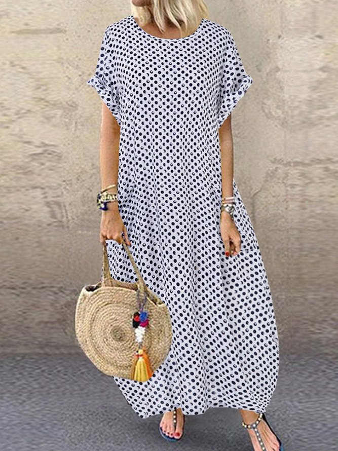 Printed Polka Dots Short Sleeve Crew Neck Maxi Weaving Dress | noracora