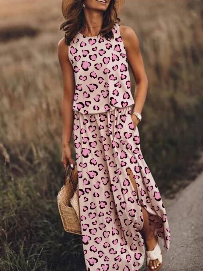 Pink Holiday Leopard-Print Cotton-Blend Round Neck Knitting Dress