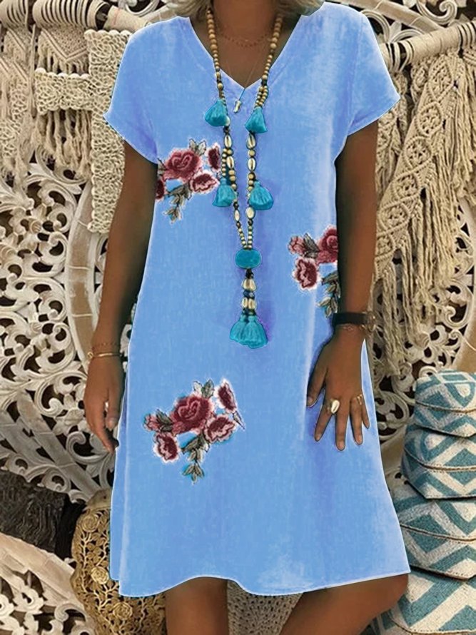 Appliqued Floral Shift Daily Cotton-Blend Dresses | noracora