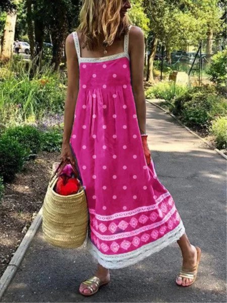 Plus Size Women Sleeveless Polka Dots Casual Weaving Dress
