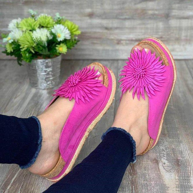 Women Solid Color Flower Slip On Summer Flat Sandals | noracora