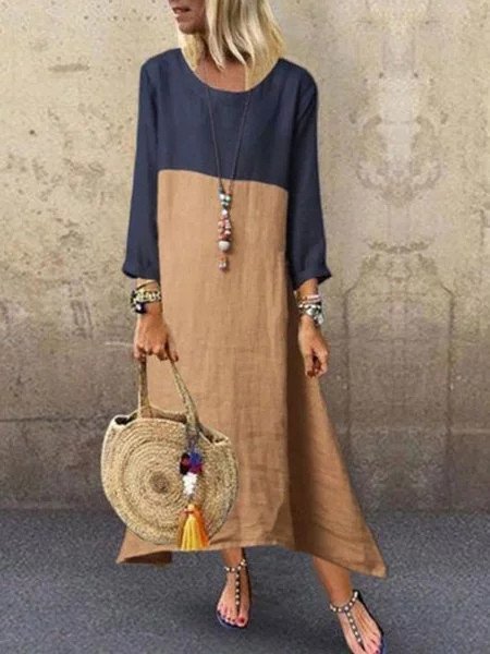Women Khaki Long Sleeve Casual Linen Maxi Dresses