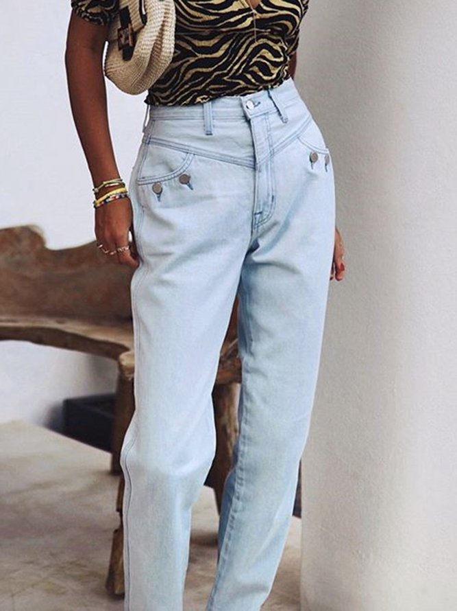 Women Casual Summer Solid Polyester Pockets Natural Mid-weight No Elasticity Plus Size Jeans