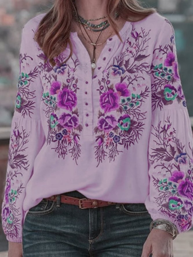 Casual Floral V Neck Long Sleeve Tunic Blouse | noracora
