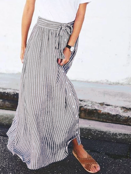 Casual Stripe Paperbag Maxi Skirt