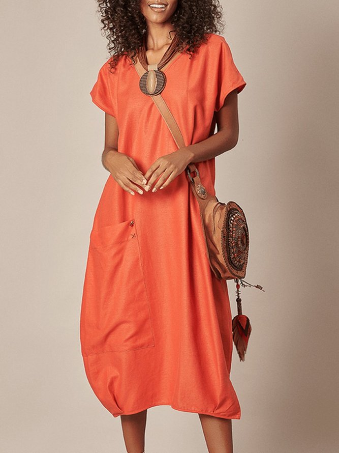 Orange Short Sleeve Cotton Dresses noracora