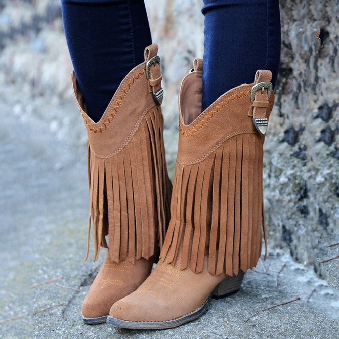 Fringe Cowgirl Boots Buckles Tassel Vintage Women KneeHigh Boots