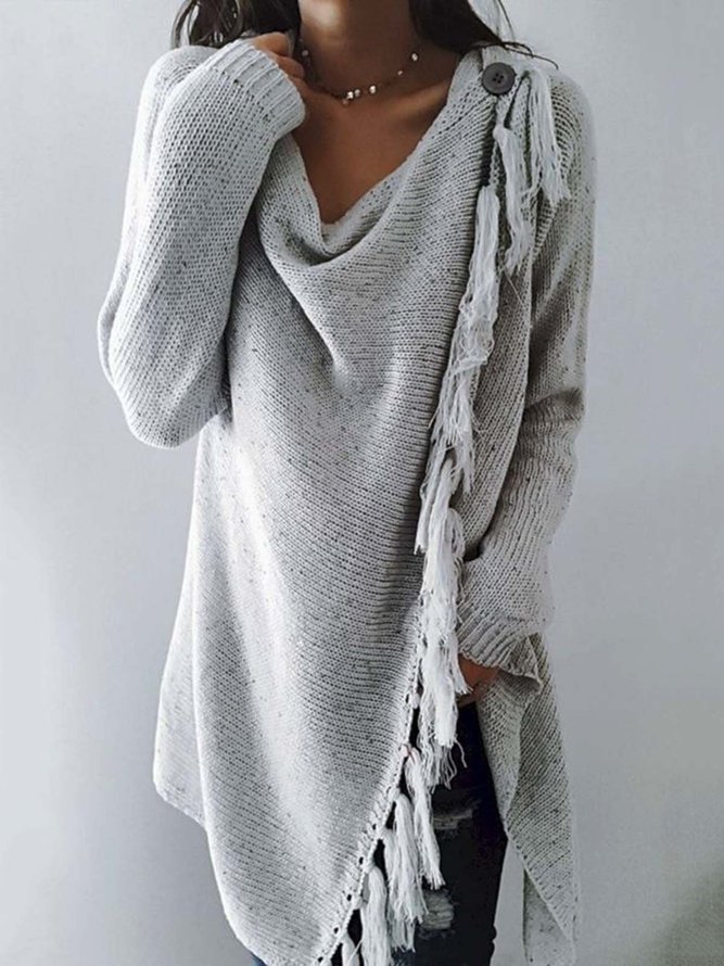 Casual Light Gray Cotton-Blend Plain Long Sleeve Shirts