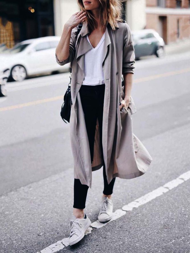 Light Gray Plain Cotton-Blend Long Sleeve Outerwear Trench Coat | noracora