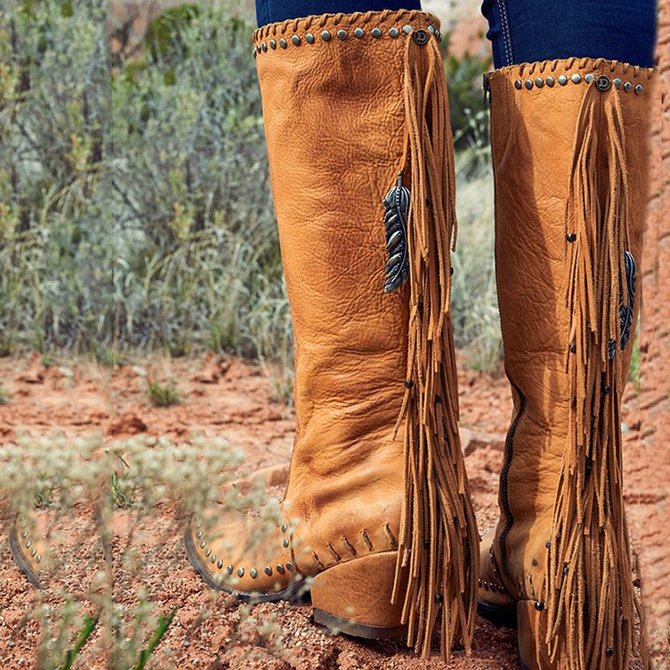 Vintage Block Heel Tassel KneeHigh Boots Zipper Women Cowboy Boots