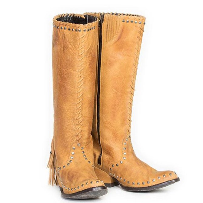 Vintage Block Heel Tassel KneeHigh Boots Zipper Women Cowboy Boots