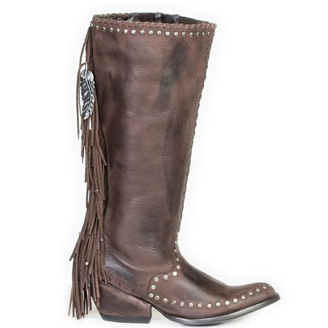 Vintage Block Heel Tassel KneeHigh Boots Zipper Women Cowboy Boots