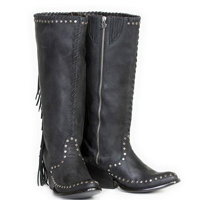 Vintage Block Heel Tassel KneeHigh Boots Zipper Women Cowboy Boots