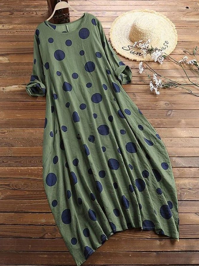 Plus Size Polka Dots Long Sleeve Crew Neck Vintage Casual Weaving Dress