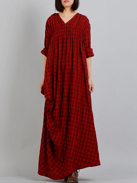 Red Vintage Cotton-Blend Plus Size Dresses | noracora