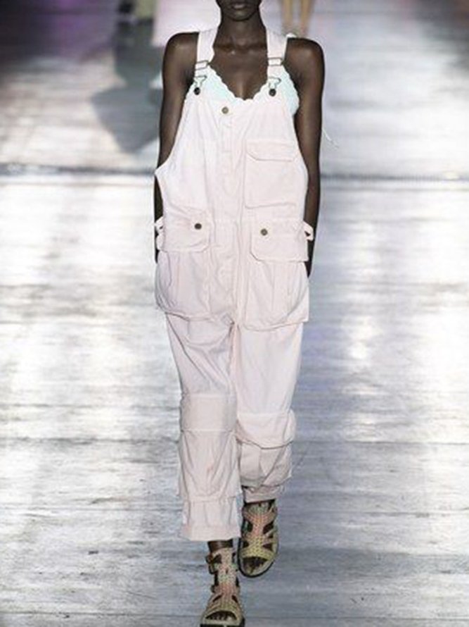 White Solid Pockets Casual Cotton Cargo Jumpsuits noracora