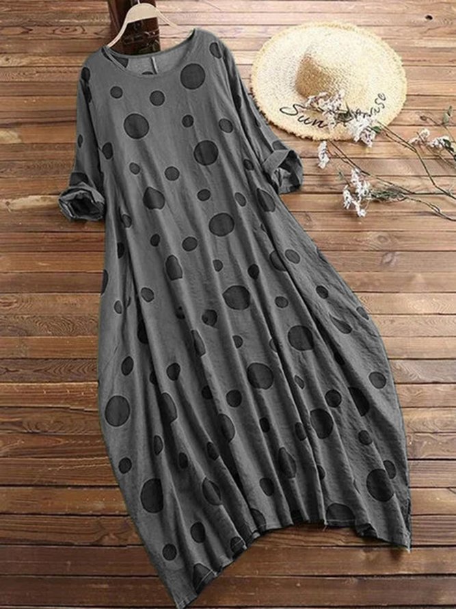 Plus Size Polka Dots Long Sleeve Crew Neck Vintage Casual Weaving Dress