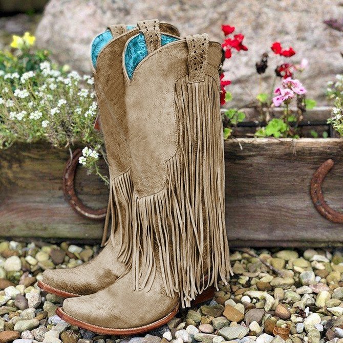 Tassel Artificial Leather Boots Fringe KneeHigh SlipOn Boots noracora