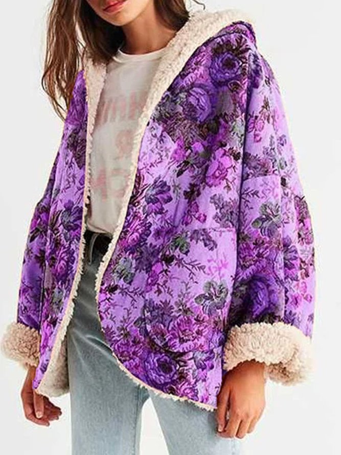 Printed Cotton-Blend Hooded Long Sleeve Fleece Coat