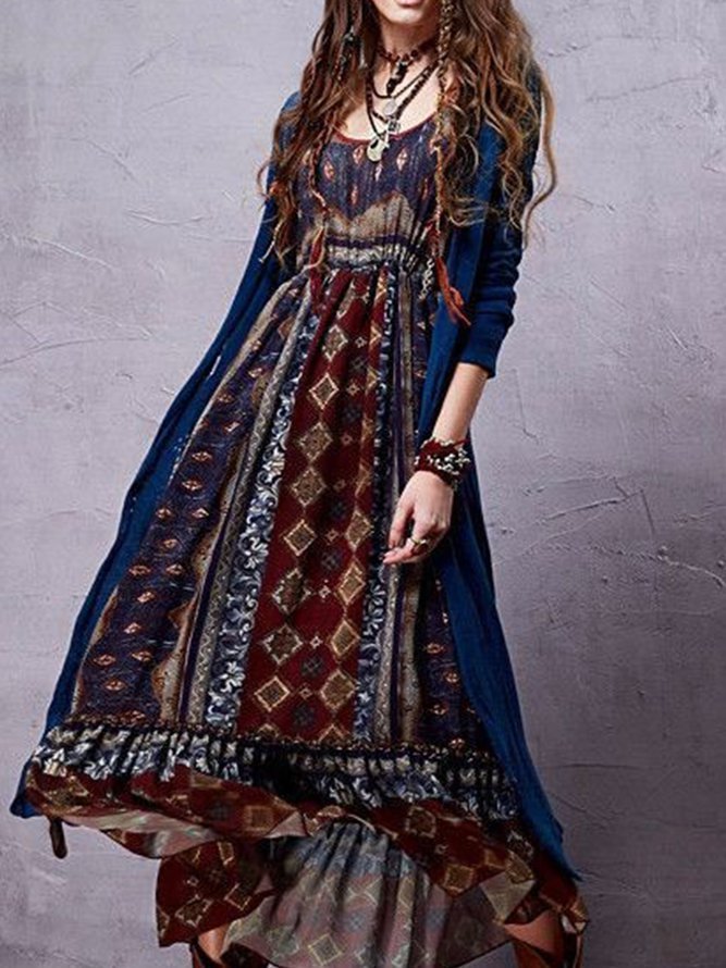 Women's Plus Size Boho Floral Maxi Dress - Long Sleeve Tiered Tshirt Dress | Loose Flowy Bohemian Style