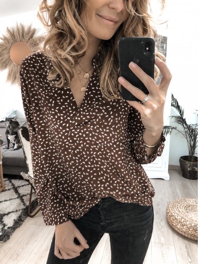 Brown V Neck Casual Cotton Polka Dots Shirts & Tops noracora
