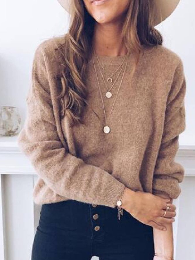 Coffee Solid Long Sleeve Sweater