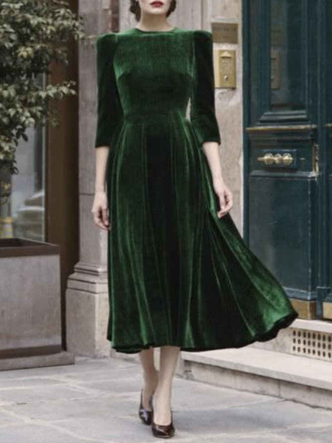 Army Green Vintage Velvet Knitting Dress