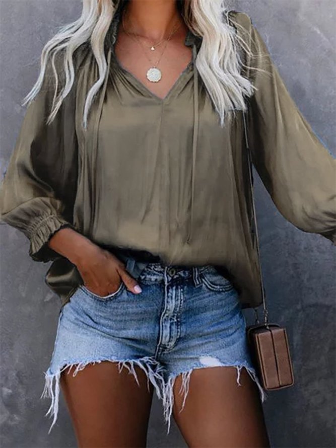 Casual V Neck Long Sleeve Solid Shirts