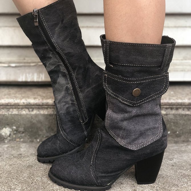 Mid-rise chunky with casual denim booties | noracora